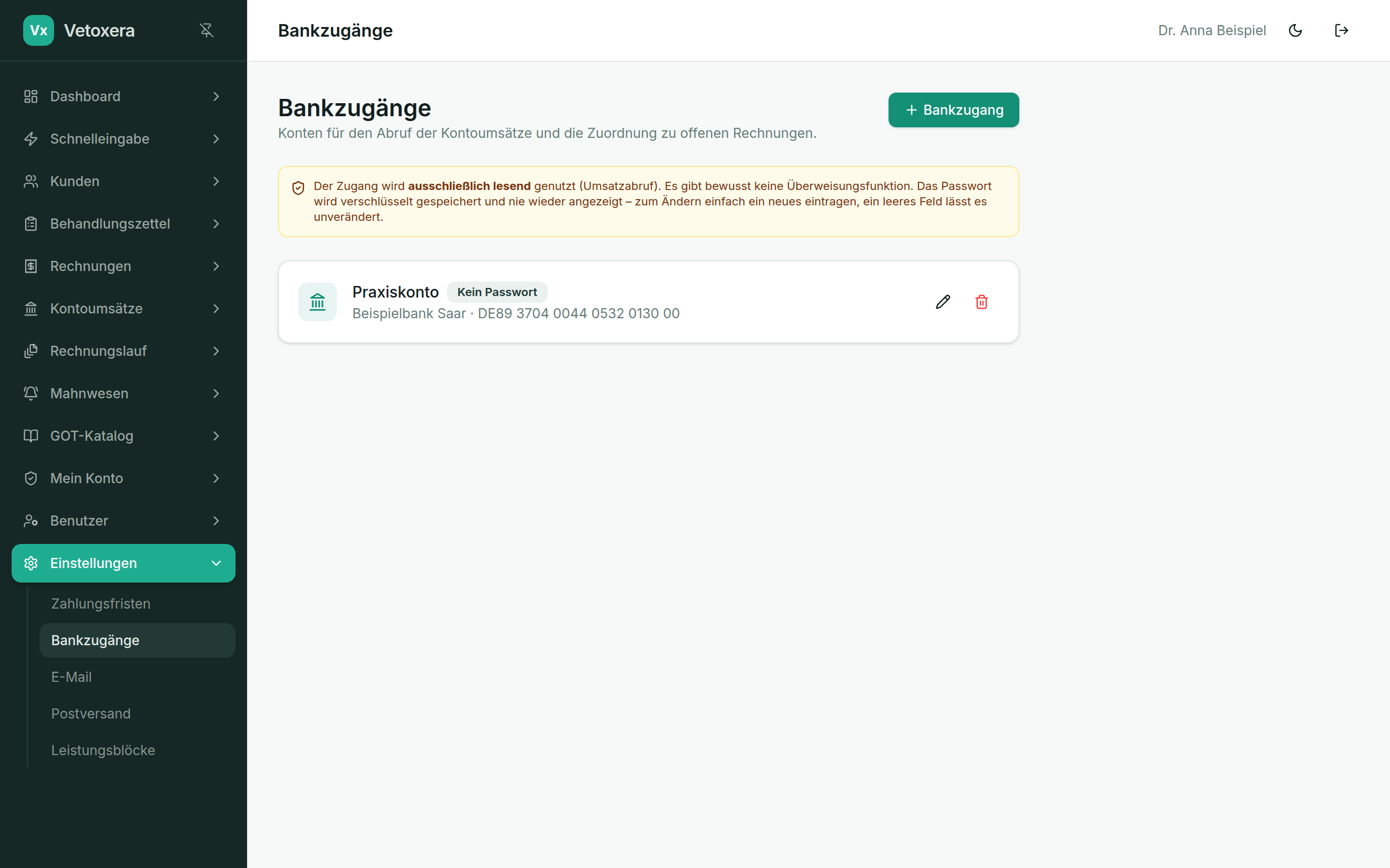Bankzugänge in den Einstellungen
