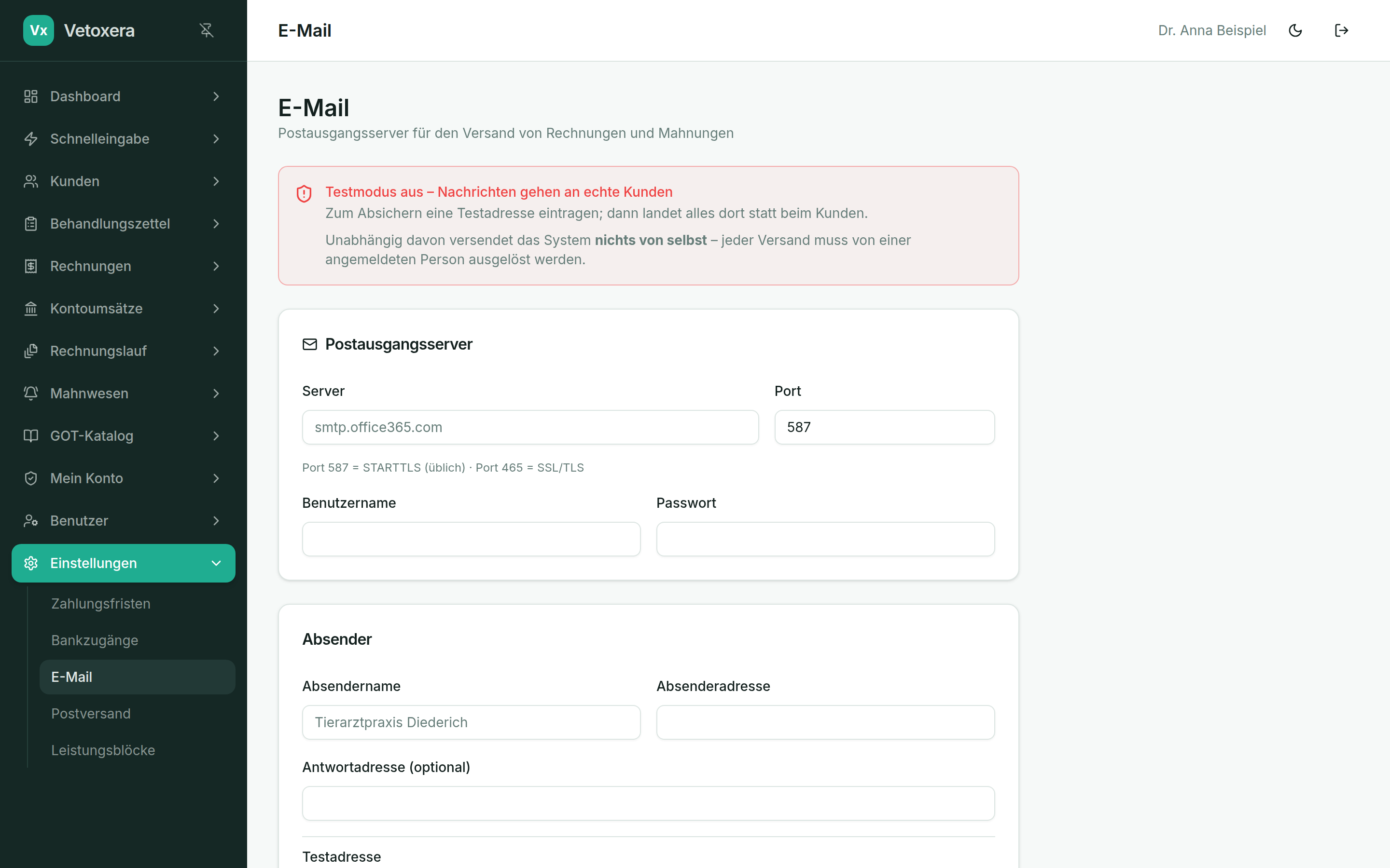 E-Mail-Einstellungen mit Testversand
