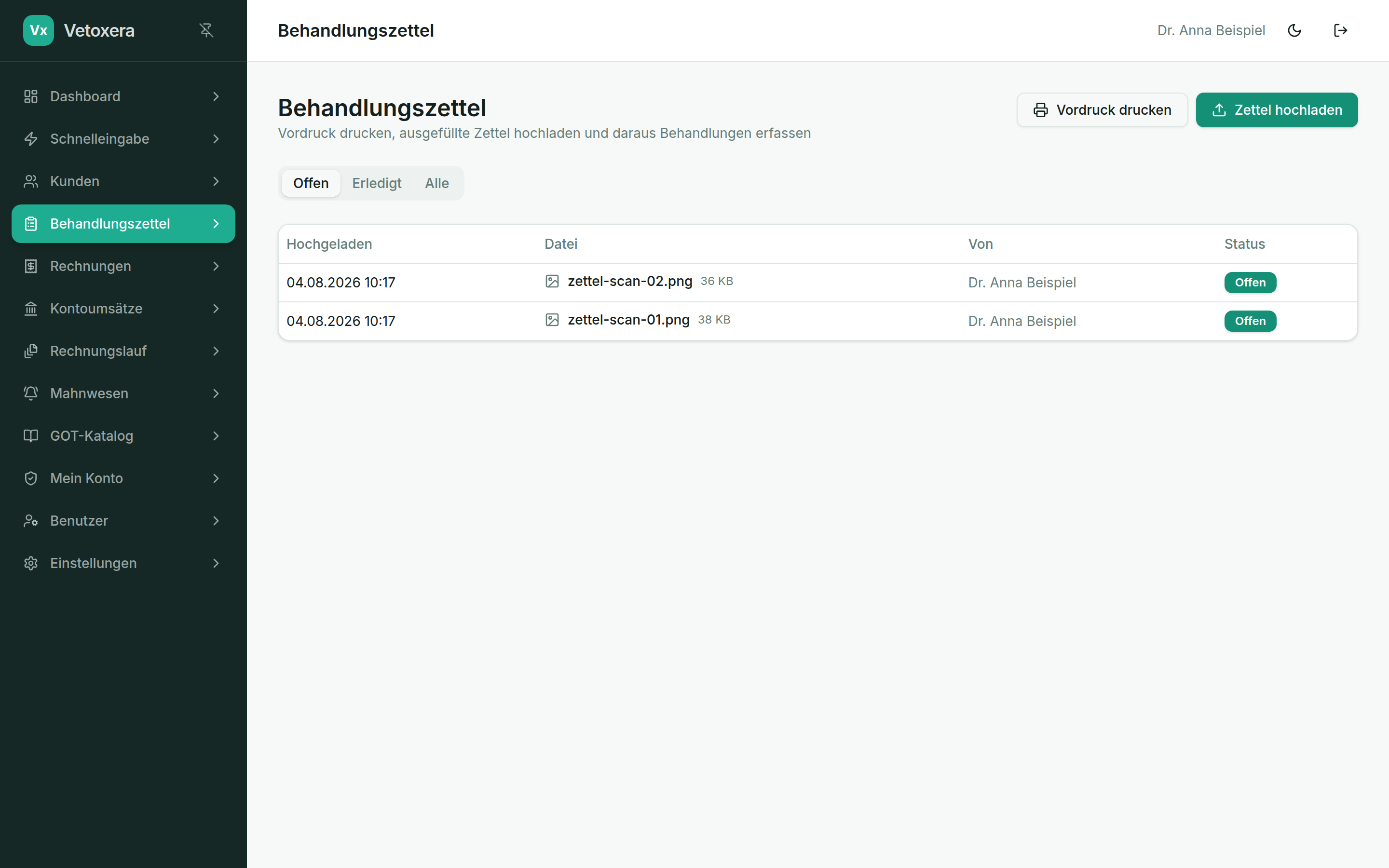Die Liste der hochgeladenen Behandlungszettel